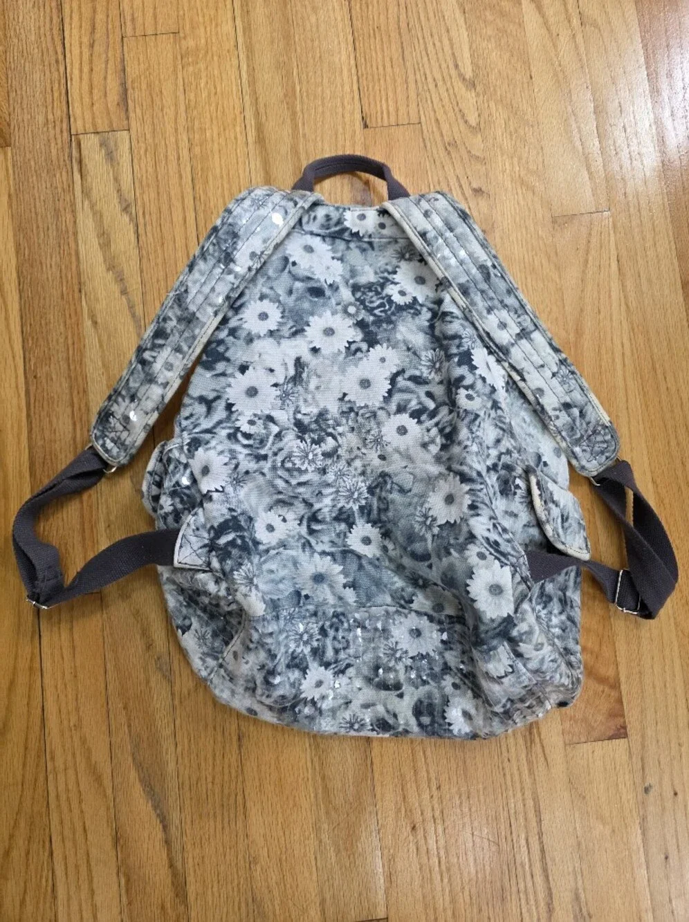 Y2K McBling PINK Victoria's Secret Grey White Floral Backpack Sequin 17x11x5